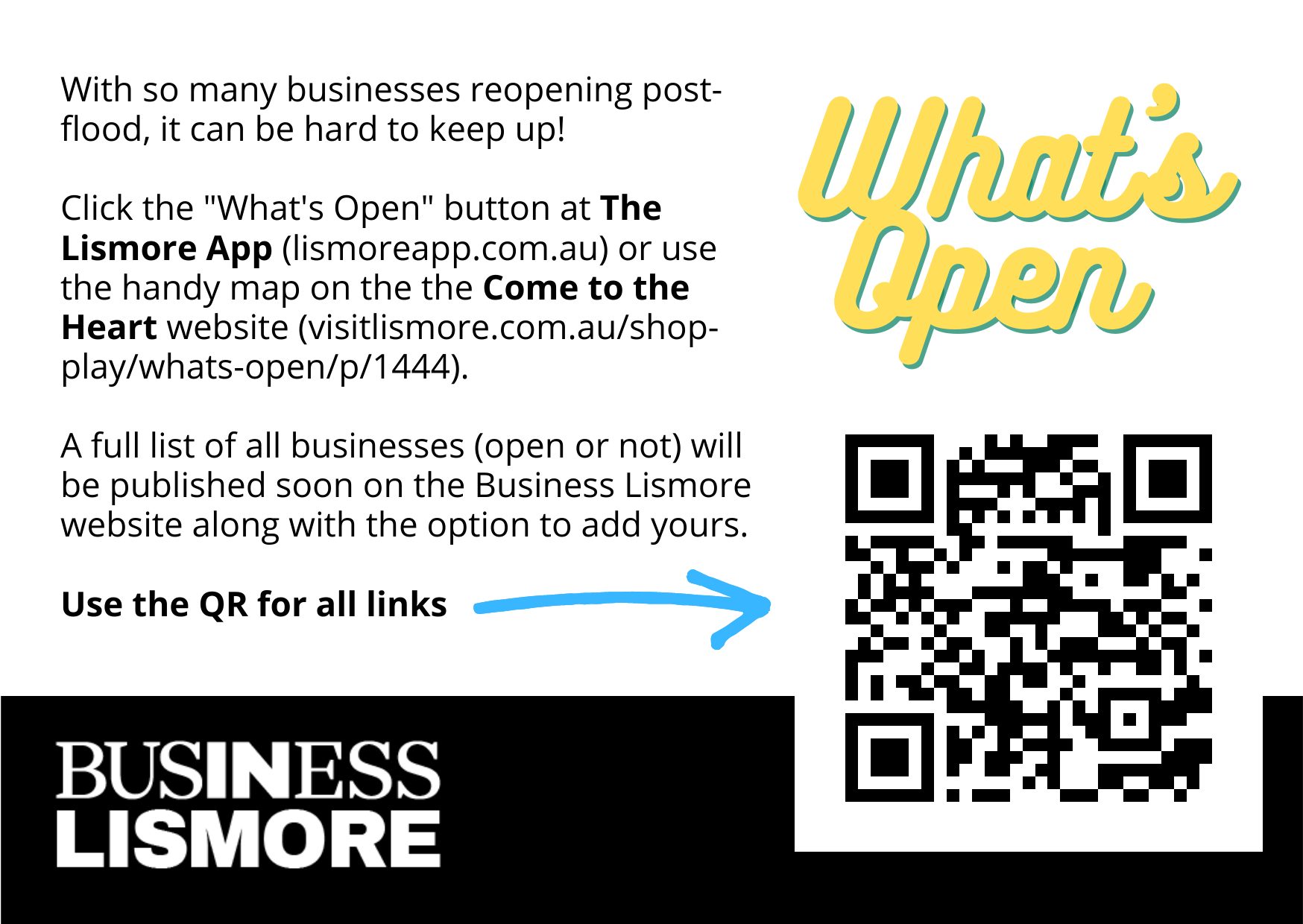Click to download a PDF the flyer with QR code for Business Lismore 