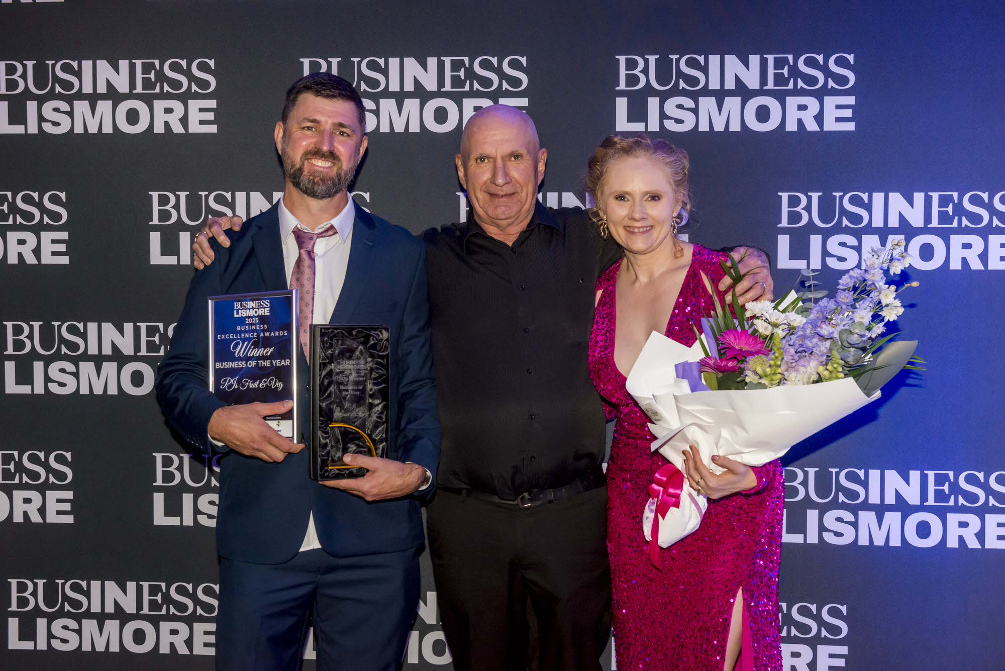Brendon & Natasha Garred - PJs Fruit & Veg Owners, and Michael Ackrell - Business Lismore President